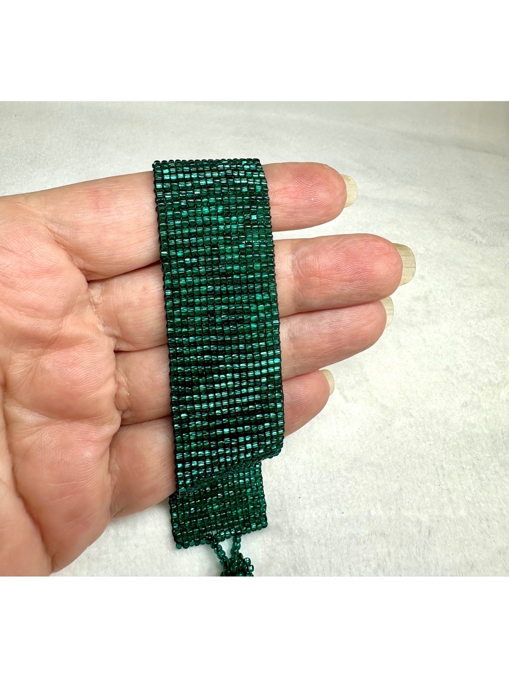 Vintage Hand-Woven Emerald Green Seed Bead Cuff Bracelet 6.75”